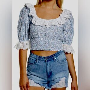 WAYF Hanita Eyelet Ruffle Smocked Top